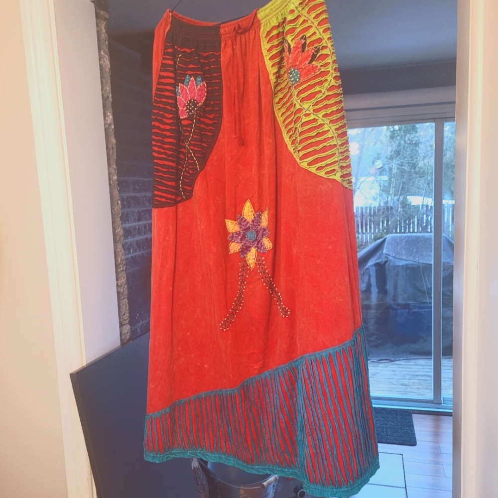 Colorful Bohemian Skirt with Floral Embroidery